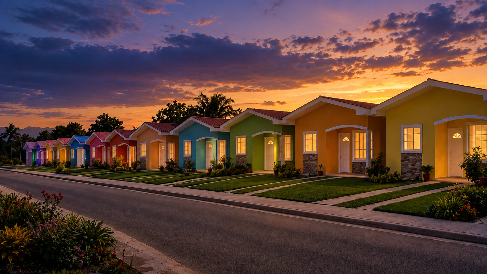 Fila de viviendas coloridas de Inmobiliaria JM al atardecer